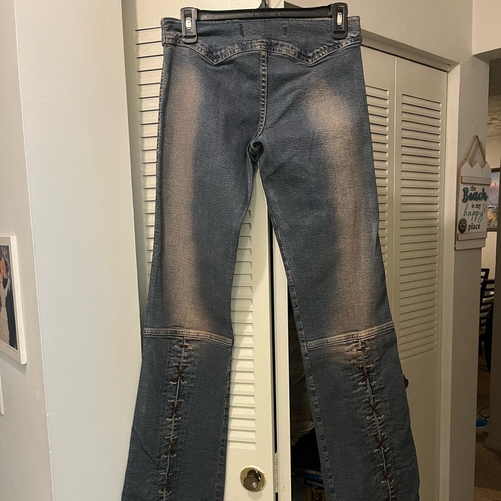 Luly K Stretch Low-Rise Bootcut Jean, Size 4 Tall with Criss-Cross Lacing